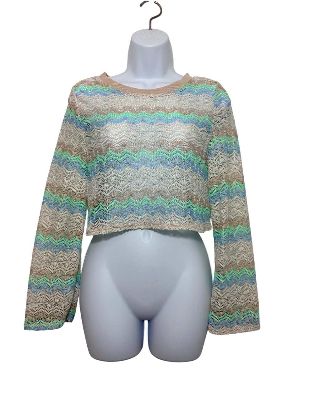 Wild Fable XS Open Knit Cropped Sweater Bell Sleeve Waive Striped Boho Beach Top